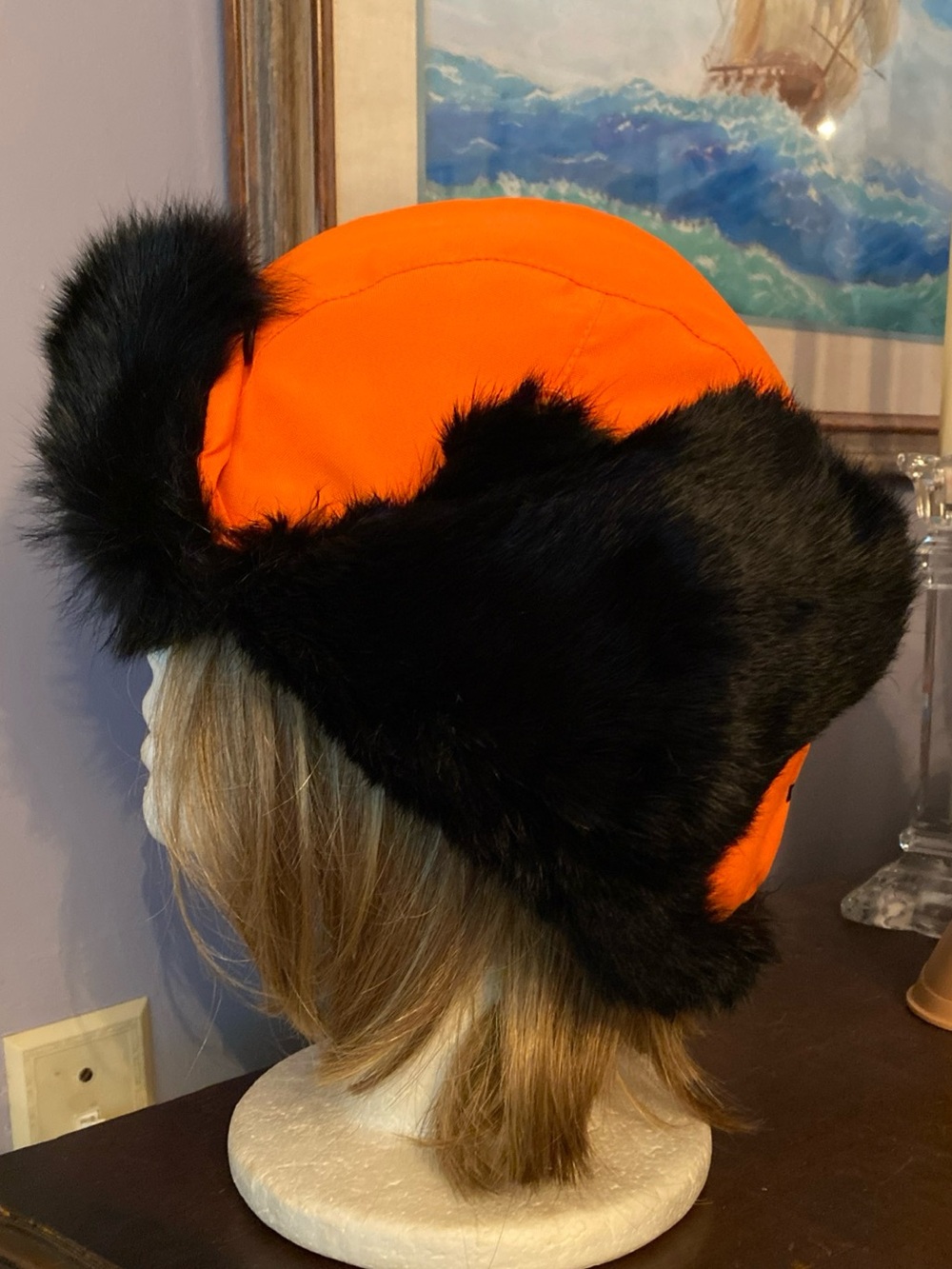 ! Yukon Tracks Hunting Fishing Bright Orange Cap Hat Fur with Chin Strap
